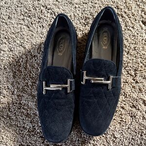 Tod's Quilted Black Loafers with Silver Accent